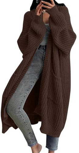 HSUAYEUD Strickjacke Damen Langarm Grobstrick-Cardigan mit Tasche Strickcardigan Casual Herbst Winter Lang Strick Strickmantel