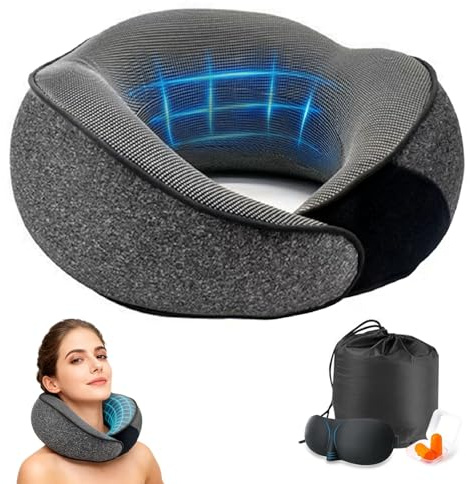 Coussin de Voyage, Oreiller de Voyage à Mémoire de Forme pour Adultes Compact Coussin de Nuque Ergonomique avec Masque de Sommeil, Bouchons d'Oreilles et Sac Transport pour Avion Train Voiture