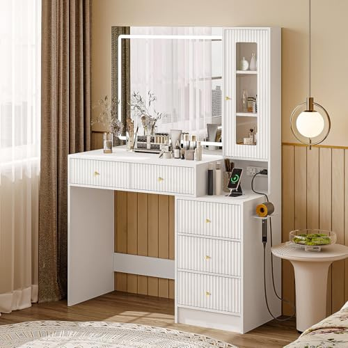 Belife Schminktisch Set mit LED Spiegel, Moderner Schminktisch mit 5 Schubladen, Seitenschrank & USB-Ladeanschluss, Breiter 72 cm Spiegel, Frisiertisch für Schlafzimmer & Ankleidezimmer
