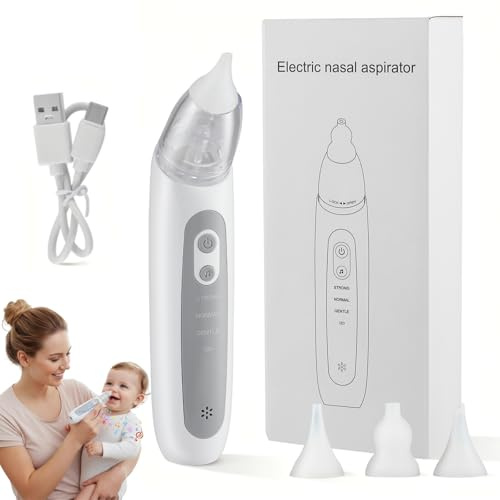 Trsaow Electric Nasal Aspirator for Babies 3 Suction Levels, 3 Silicone Nozzles, Rechargeable & Portable Nose Cleaner with Soothing Lullaby