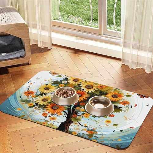 Hundefuttermatte mit Gänseblümchen, Schmetterlingen, Marien n und Insekten, Haustier-Futtermatte, saugfähige Haustierunterlage für Futter- und Wassernapf, Hundenapfmatte, schnelltrocknende Katzenfutt