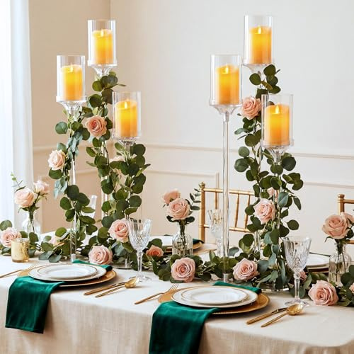 Ferrochef 2 Pcs 3 Arms Acrylic Candelabras with Lampshade Set 30 Inch Wedding Table Candelabra Centerpieces Clear Candle Holder Candlestick Holder for Wedding Table Party Decor, Fit 3 LED Candle