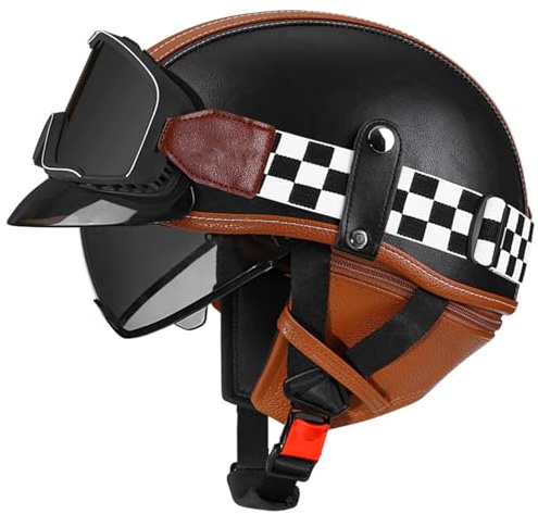 Mezzo Casco Moto Vintage Con Occhiali Caschi Jet E Demi-Jet Elmetto Scodella Pelle Omologato DOTECE Caschi Cromwell Aperto Casco Retrò Moto Per Crociera Scooter E Bici F,XXL:63-64CM