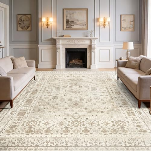Capslpad Vintage Teppich Wohnzimmer 240x340cm, Kurzflor rutschfest Waschbarer Teppiche, Weich Boho Wohnzimmerteppich für Schlafzimmer Büro Esszimmer, Beige