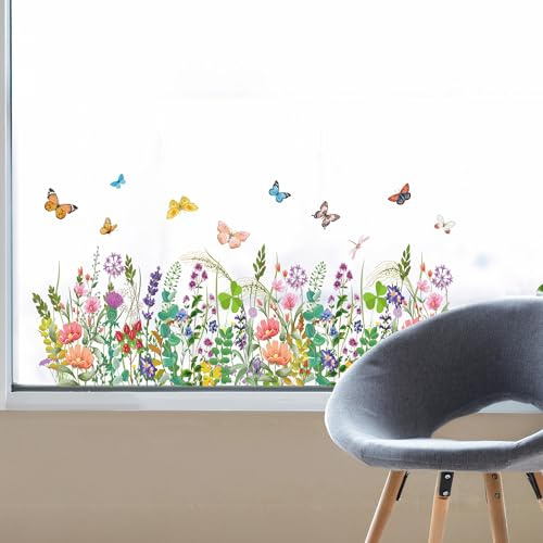 Joeyan Fensterbilder Frühling Deko, 1 Stück Wilde Blumen Schmetterlinge Fensteraufkleber, Selbstklebend Statisch Haftend Fenstersticker, Blumige Fensterdeko für Frühling Sommer,Wohnzimmer,Küche,Büro