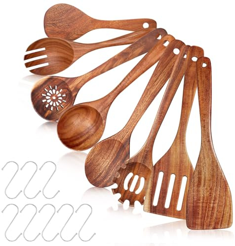 UBERMing 8 Piezas Juego de Utensilios de Cocina de Madera de Acacia con Espátula Cucharón Cubiertos para Ensalada Cucharón para Pasta Cuchara para Arroz y 8 Ganchos en S, Resistente y Antiadherentes