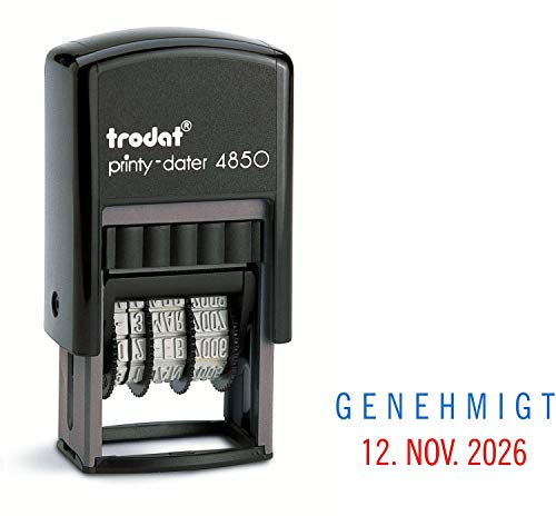 Trodat Printy Dater 4850 Datumstempel mit 2farbigem Kissen blau/rot + Wunschtext, Stempeltext:G E N E H M I G T