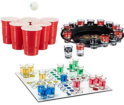 Relaxdays 3X Set Giochi per Bere, per Adulti, Roulette Alcolica, Beer Pong con Bicchieri Rossi & Ludo, Divertimento Game di Gruppo