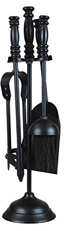 Haft Style 5PC Black Fireplace Companion Set: Broom, Shovel, Tongs & Poker with Stand - 41.5cm Height