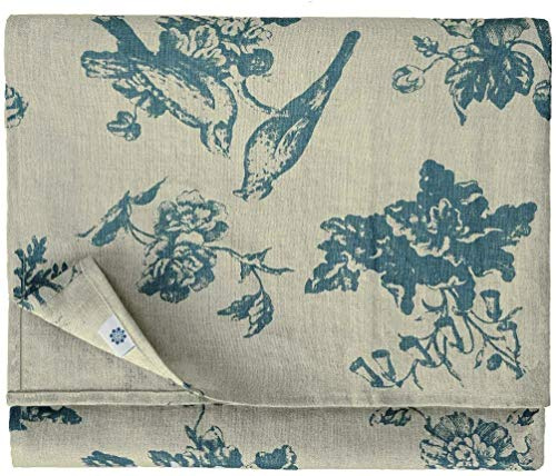 Linen & Cotton Hochwertige Tischdecke Tischtuch Tischwäsche Flores mit Blumen Motiv - 100% Leinen, Beige Blau (140 x 140 cm) Vintage Quadratisch für Home Küche Couchtisch Tuch Dekoration
