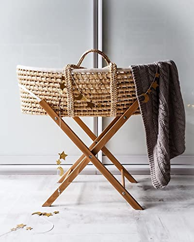 Babywiege mit Baby Moseskorb mit Ständer und dreilagiger Matratze, Stubenwagen mit Klappständer, handgefertigter Baby-Schlafkorb, naturfarbener Ständer