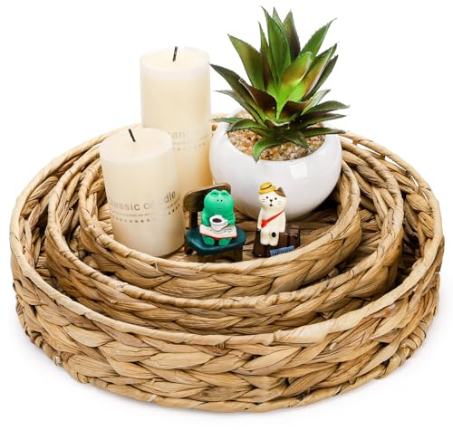 Cedilis Set of 3 Round Natural Water Hyacinth Seagrass Trays, Hand-Woven Storage Baskets for Fruit, Vegetables, Bread, Breakfast Serving, Decorative Centerpiece Basket (30cm, 25cm, 20cm)
