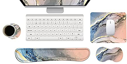 Handballenauflage Tastatur + Mauspad + Handgelenkauflage + Untersetzer, Memory Foam 4-in-1 Handgelenkauflage Mauspad-Set für Computer, Laptop, Zuhause & Büro (Marmor)