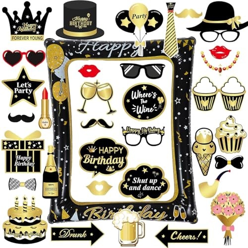 AIYONG Geburtstag Aufblasbarer Bilderrahmen mit 35 PCS Foto Requisiten, Aufblasbarer Fotorahmen, Happy Birthday Photo Booth, Schwarz Gold Fotobox Accessoires, Geburtstag Party Zubehör