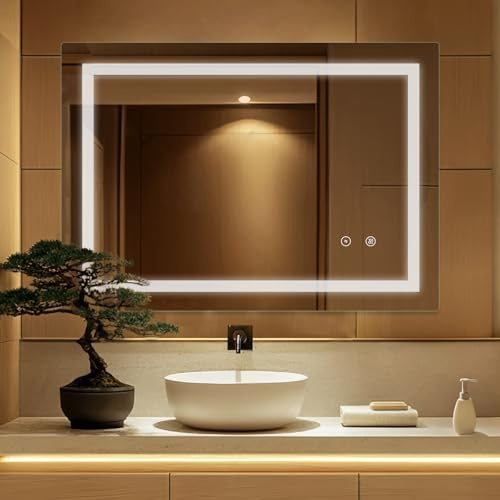 SaniteModar Badspiegel mit Beleuchtung 60x80 cm | Hohe & Dimmbare Helligkeit, kaltweißes Licht, Beschlagfrei, IP44, Vertikal/Horizontal Montierbar