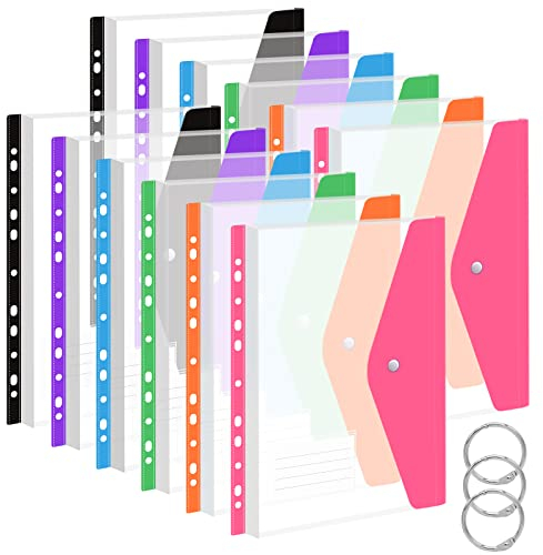 A4 Plastic Wallets Folders 12Pcs Punched Pockets Plastic Document Files Popper Wallets with Pocket for Home, Office and School
