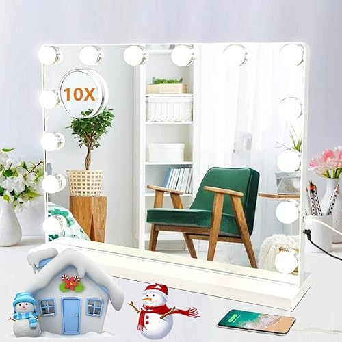 Depuley Hollywood Spiegel mit Beleuchtung für Schminktisch Makeup Schminkspiegel mit USB, 14 Dimmbare LED Leuchten,3 Farbtemperatur Licht, weiß kosmetikspiegel 50x40cm