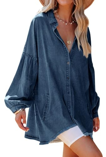 loveimgs Women Oversized Distressed Denim Button Down Shirt Tunic Dress Flowy Mini Jean Dress with Pockets (Large,Dark Blue)