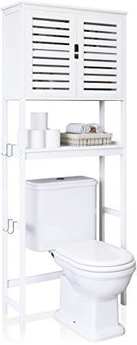 SMIBUY Contenitore salvaspazio sopra WC a 2 porte in bambù con ripiano interno regolabile e ripiano aperto indipendente (bianco), per Bagno