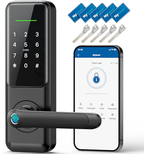 Fingerprint Smart Door Lock with Handle: Keyless Entry Keypad Lock for Front Door, Nyboer Electronic Digital Lock, Lockset Replacement for Exterior Doors