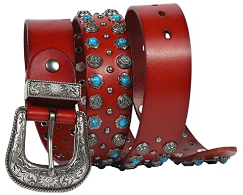 YOPADO Gürtel Für Damen Herren Nietengürtel Mit Türkis Kleinen Nieten Echtleder Ledergürtel Vintage Verstellbarer Westerngürtel Jeans Kleider(120cm/waist:41, Brown)