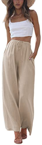 Faleave Women's Cotton Linen Summer Palazzo Pants Flowy Wide Leg Beach Trousers with Pockets(Khaki-S)