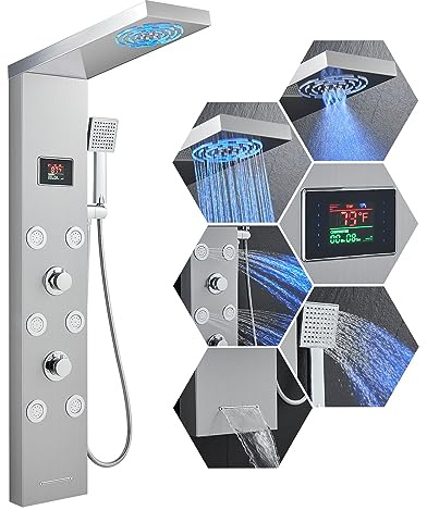 TSIBOMU Stainless Steel Shower Panel Tower System with LED lights(No battery need), Hydroelectric LED Rainfall Shower Tower System with 6 Pcs Body Jets, Brushed Nickel