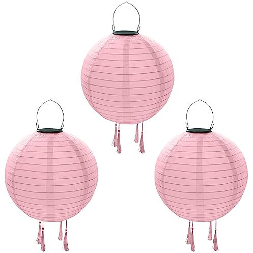 himmel Solar Lanterns, Outdoor Weatherproof, 3 Pieces, Solar LED Lantern, Waterproof Nylon Hanging Garden Lantern, 30 cm, Wedding, Halloween Party Decoration (Pink) [Energy Class A++]