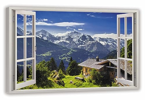 HUBDECO Leinwandbild Fensterblick Alpenberge Bild 100x70 cm - Landschaftsbilder auf Leinwand - Wandbilder Wohnzimmer - Bild Fenster mit Ausblick - Aesthetic Room Decor - Wanddeko Schlafzimmer