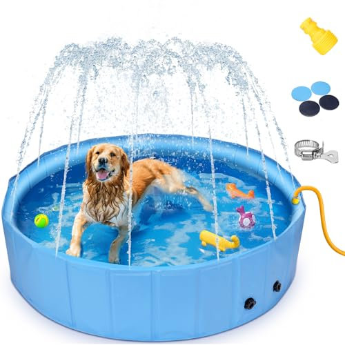 Nobleza Dog Paddling Pool with Sprinkler, 2 in 1 Foldable Dog Pool Large Dog Swimming Pool Portable PVC Non-Slip Pet Pool Outdoor Thickened Doggy Bathtub for Summer Garden Patio Bathroom Blue 120x30cm