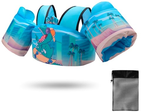 Toddler Swim Vest Floaties for 22-66 lbs / 2-6 Y Kids Swim Jacket with Adjustable Safety Buckle Arm Wings Swim Training for Boys and Girls Beach Boating Pool Floats(Dinosaur)