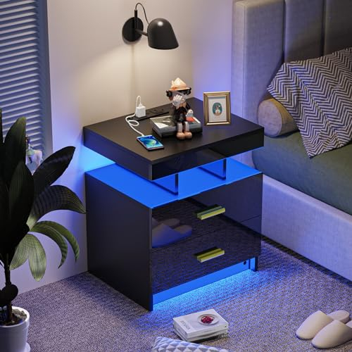 Nachttisch mit LED,Nachttisch mit Beleuchtung Nachttisch schwarz Hochglanz Nachttisch mit Steckdose Nachttisch mit ladefunktion Nachttisch mit 2 Schubladen,16 Farben LED (schwarz)