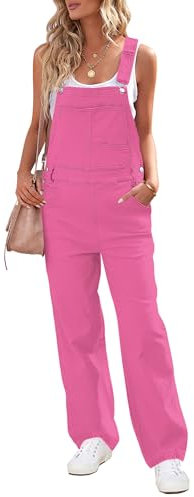 luvamia Damen-Overall, lockere Passform, Denim-Lätzchen, Baggy-Overall, gerades Bein, dehnbar, Jeans-Hose, modisch, Knallpink (Hot Pink), X-Large