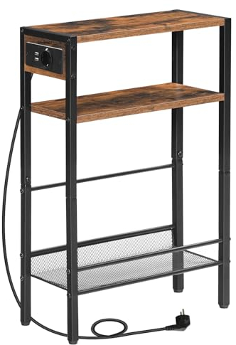 HOOBRO Beistelltisch mit Steckdosenleiste, 3-stufiger schmaler Nachttisch, 1 Standardsteckdose und 2 USB, Zeitschriftenhalter mit Schutzzaun für Wohnzimmer, Schlafzimmer, Vintagebraun EBF102CBZ01