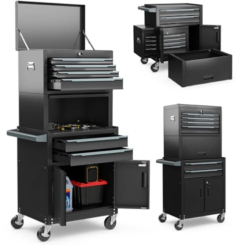 TANGZON Tool Cabinet, 2/3 in 1 Auto-Lockable Rolling Metal Tool Chest with 6 Drawers & Univeral Wheels, Heavy Duty Tool Box Organizer Cart Trolley (3 in 1, Black)