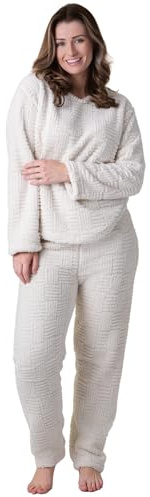 Camille Damen Pyjamas Supersoft Jacquard Sherpa Fleece Lounge Wear Set Mit Cremefarbenem Webmuster Und Seildetails - Langärmeliger Rundhalsausschnitt Mit Elastischem Bund Und Seitentaschen