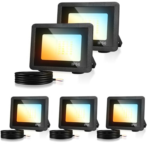 Herrselsam LED Strahler Außen, 5x10W LED Strahler Dimmbar 3000K/4000K/6500K Fluter Flutlicht, Superhell 900LM LED Scheinwerfer IP66 Wasserdicht für Gärten Sportplatz Hotel (kein Stecker)