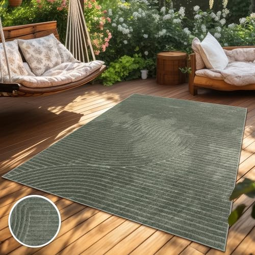 Paco Home Teppich Outdoor Wetterfest, Moderne abstrakte Boho Designs mit 3D Struktur, Pflegeleicht, ideal für Terrasse Wohnzimmer & Küche, Grösse:120x160 cm, Farbe:Grün