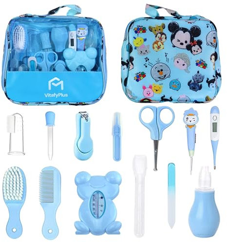 Set per la cura del bambino. Kit di 13 pezzi. Trousse per neonato. Tagliaunghie, lima in vetro, spazzola, pettine e accessori per bambino. Regalo per neonato bambina e bambino.