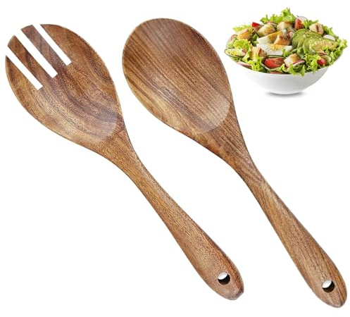 2 Pieces Wooden Salad Servers,Salad Spoon and Fork Set,Salad Spoons 10.2 inches Wood Serving Spoons Set Salad Mixing Dinner Fork and Spoon Salad MixingWood Serving Spoons Set for Serving Salad