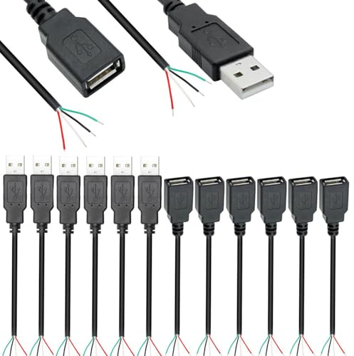 RUNCCI-YUN 12 Pieces USB A Pigtail Kabel 5V / 2A USB 2.0 Power blankes Kabel Pigtail 28 AWG USB 2.0 Plug Socket 4-Pin Wire stecker löten 5V Data Line for USB Devices Repair DIY Cable (30 cm)