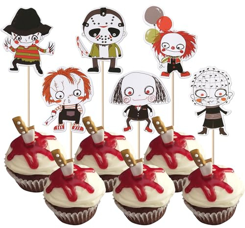 36 Stück Horror Klassiker Film Cupcake Toppers Halloween Tortendeko Horror Film Charaktere Kuchen Deko für Halloween Horror Film Thema Geburtstag Party Cupcake Dekorationen