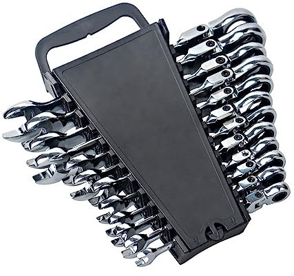 Llaves Fijas Con Carraca Juego de llaves de trinquete, métricas de 8 mm a 19 mm, juego de llaves combinadas de cabeza flexible de acero al cromo vanadio con estante for llaves Llave Carraca(12 pcs (8-