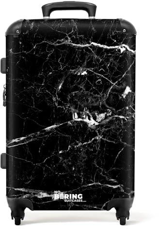 NoBoringSuitcases.com® Large Suitcase with Wheels - Medium Hard Shell Trolley 26-28 Inch - Lightweight Medium Suitcase with Marble - Black - 20kg Suitcase for Airplane