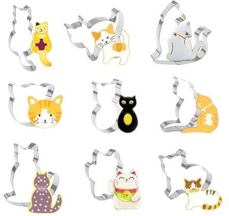 Lilbitty Juego de cortadores de galletas de 9 piezas, acero inoxidable decoración de gatos para Año Nuevo, aplicación versátil para hornear y decorar