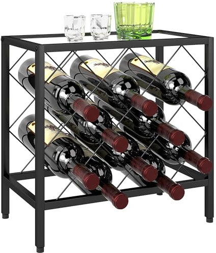 HOMCOM Portabottiglie Vino per 10 Bottiglie Totali con Piano d'Appoggio in Vetro Temperato, Cantinetta Portabottiglie in Acciaio, per Cucina, Dispensa, Cantina e Bar, 41x22x41 cm, Nero