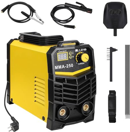Mini Elektrodenschweißgerät 250A, MMA Schweißgerät Mini Handschweißgerät IGBT Inverter Einstellbare Leistung, LED-Anzeige ARC Welder Schweissgerät Anti-Stick mit Schweißklemme(Gelb)