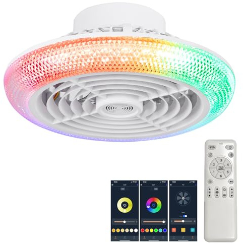 Luyaim Pequeño Ventiladores Para El Techo Con Lámpara - Altavoz Bluetooth Alexa, 6 Velocidades LED RGB, Plafon Led Ventilador Para Habitaciones Infantiles/Juveniles-White-A