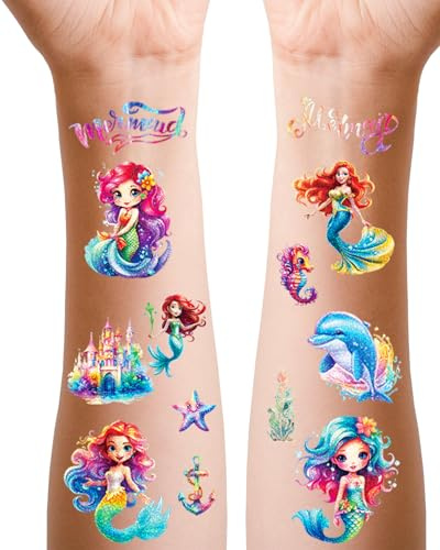 Meerjungfrau Glitzer Tattoo Kinder, 12 Blätter Fake Tattoos Mädchen als Geburtstag Geschenke Mitgebsel, Hautfreundliche Kindertattoos