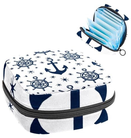 Portable Sanitary Napkin Storage Bag, Menstrual Cup Pouch Feminine Menstruation Pads Bag for Teen Girls, Tampons First Period Kit, Nautical Anchors and Steering Wheel